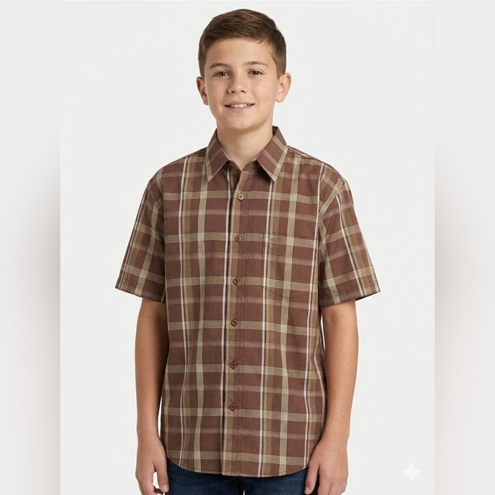 Platini Boys NWT Brown Striped Bejeweled Graphic Button Down Shirt Size 10/12